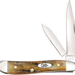 Three-blade pocket knife with a brown jigged bone handle and brass bolsters, blades extended.