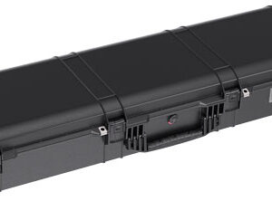Long black hard-shell protective case with multiple clasps and a carrying handle, used to transport and protect gear.
