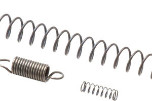 Three metal coil springs of different sizes laid out diagonally, showing small, medium, and large helically wound springs.