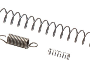 Set of metal coil springs of different sizes: a long tension spring with hooks, a medium compression spring with hooks, and a tiny plain coil spring.