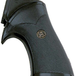 Close-up of a black textured handgun grip with a small circular emblem in the center.