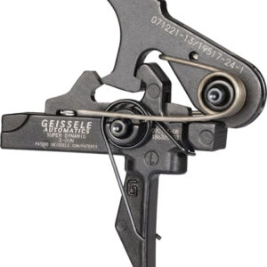 Geissele Automatics three-gun AR trigger assembly, black metal with engravings and components visible.