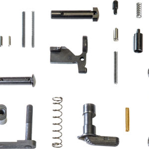 Assortment of small metal springs, pins, rods, and components laid out on a white background.