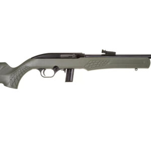 Olive-green hunting rifle with long black barrel and exposed magazine, shown from the left side.