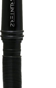 Black flashlight with a ribbed grip and braided cord attached at the bottom, shown upright against a white background.