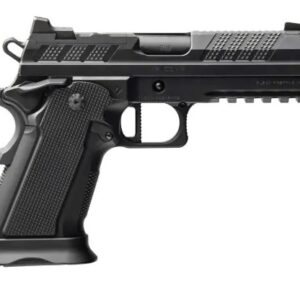 Black semi-automatic pistol with textured grip and accessory rail beneath the barrel.