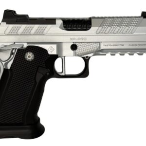 Side view of a silver XP-PRO semi-automatic pistol with a textured black grip and rail/toe details on the slide cupola railings.
