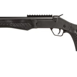 Bolt-action rifle in profile with a long barrel and black synthetic stock