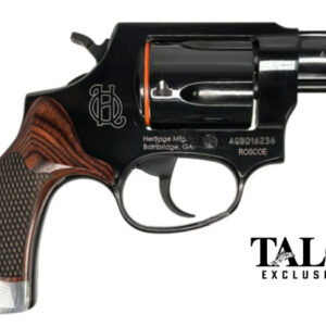 Black revolver with a wooden grip shown in a side view, hammer cocked, with a TALO Exclusive logo in the bottom right.