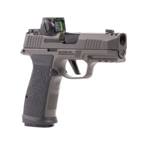 Semi-automatic handgun in profile with a mounted red-dot sight and textured grip.