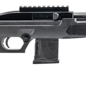 Profile view of a black modern semi-automatic handgun with a Picatinny rail on top and a detachable magazine, shown in side view.