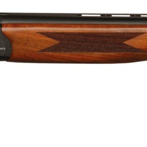 Side view of a double-barreled shotgun with a polished walnut stock and checkered grip, laid horizontally