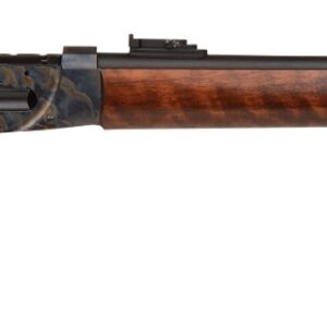 Lever-action shotgun with a wooden stock and two parallel barrels photographed in profile