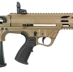 Tan tactical rifle with a long barrel and black suppressor, quad-rail handguard, curved magazine inserted, shown on a white background.