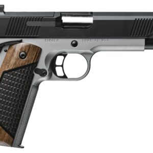 Semi-automatic pistol with a two-tone silver frame, black slide, and textured wooden grip panels.