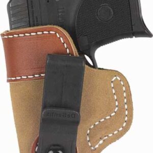 Black handgun partially visible in a tan leather holster with white stitching.