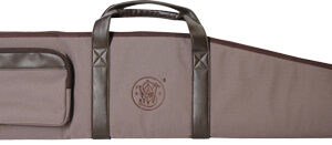 Long brown soft rifle case with two carrying handles and a small front zip pocketa hot? no wait