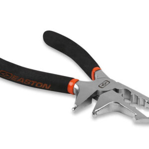 Multi-tool pliers with black cushioned handles and orange accents, showing needle-nose jaws and built-in wrench attachments on a white background.