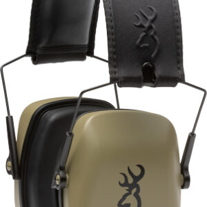 Over-ear hearing protection earmuffs with tan outer cups and black inner padding on an adjustable headband adorned with a deer logo on the strap.