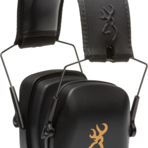 Over-ear hearing protection earmuffs with a padded black headband and gold deer logo on the ear cup.