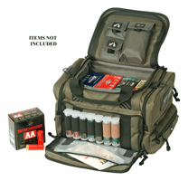 Open olive tactical backpack showing battery storage with AA/AAA batteries and a box of batteries; label says 'Items not included'.