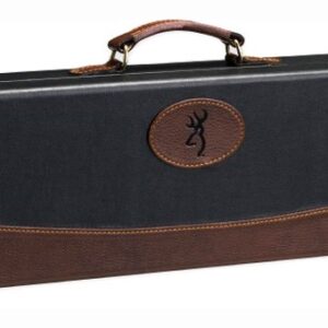 Hard-shell violin case with black fabric and brown leather trim, top handle, brass latches, and emblem on the front.