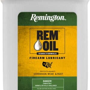 White plastic bottle with a bright yellow cap labeled Remington Rem Oil firearm lubricant; green/yellow label with 'Rem Oil' and safety text.