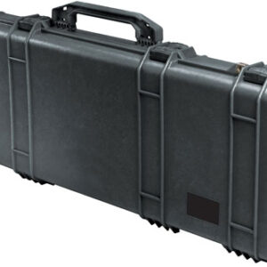 Long black hard protective case with latches and carrying handle on top