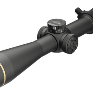 Black Leupold riflescope with adjustment dials and a gold ring near the objective lens, viewed in close detail