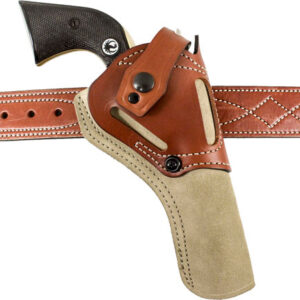 Leather gun belt with a brown holster carrying a revolver on a stitched belt edge.