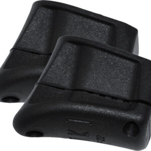 Pair of black plastic hinge clamps with mounting holes for screws