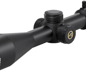 Black rifle scope with large objective lens, adjustment knobs, and a green-tinted glass viewed from the side.