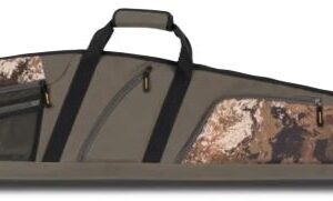 Camouflage-patterned long soft gun case with carrying handles and multiple zipper pockets for storage.