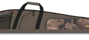 Long camouflage-patterned gun case with carrying handles and zippered compartments, laid flat.
