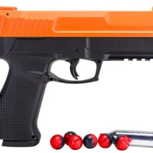 Toy pistol with orange slide and black grip, shown with a CO2 cartridge and red/black BBs beside it