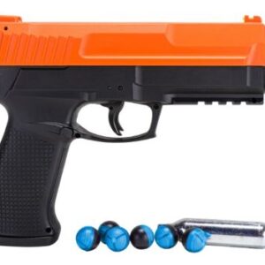 Toy airsoft pistol with an orange slide and black grip, accompanied by blue BBs and a CO2 cartridge.