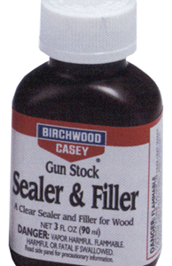 Bottle of Birchwood Casey Gun Stock Sealer & Filler for wood stock maintenance; label visible with warning text on a brown bottle and white cap