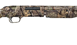 Camouflage-pattern pump-action hunting shotgun shown in side profile