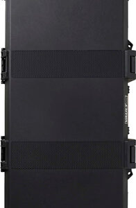 Tall black rugged portable speaker with a top handle, side latches, and a JBL logo at the bottom.