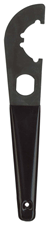 Black plastic pry tool with a curved notch and a circular hole at the handle end.