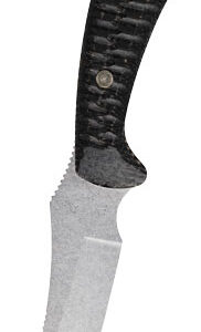 Curved knife with a partially serrated blade and textured black handle, shown vertically with screws visible on the grip