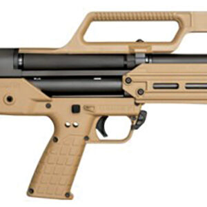 Tan bullpup-style assault rifle with top carrying handle, foregrip, and integrated muzzle device.