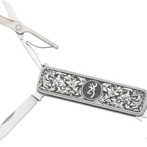 Decorative stainless steel multi-tool with ornate handle and blades (scissors, knife, and bottle opener) extended.