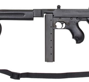 Black semi-automatic rifle with a long barrel, detachable magazine, pistol grip, and shoulder stock with a strap/detachable sling.