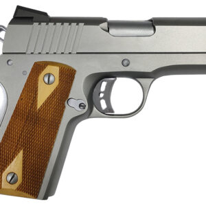 Side view of a silver semi-automatic pistol with brown checkered wooden grips.