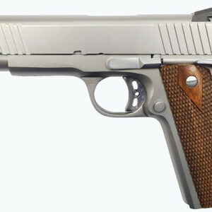 Silver 1911-style pistol with brown checkered grip and Rock Island Armory markings on the slide