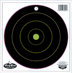 Target with black outer ring and green concentric circles, yellow-green bullseye; Dirty Bird logo bottom left.