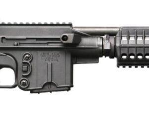 Modern black semi-automatic rifle with collapsible stock, pistol grip, and a vented handguard with a long barrel