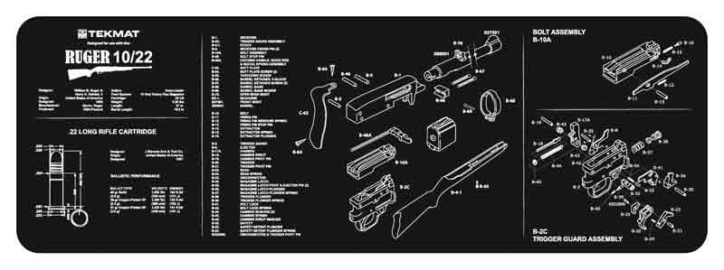 Exploded-view schematic of a Ruger 10/22 rifle with labeled parts on a TekMat surface.
