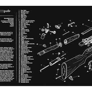 Exploded schematic of an M1 Garand rifle showing components separated and labeled, with a text panel on the left.